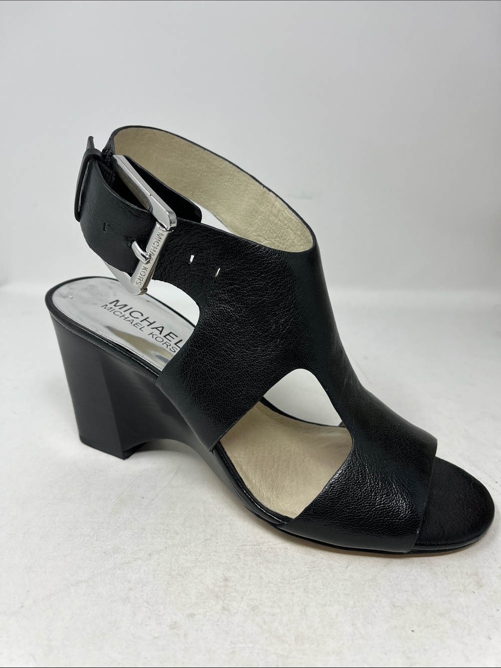 MICHAEL MICHAEL KORS LEATHER UPPER WEDGE SANDAL BLACK PEEP TOE SZ 6